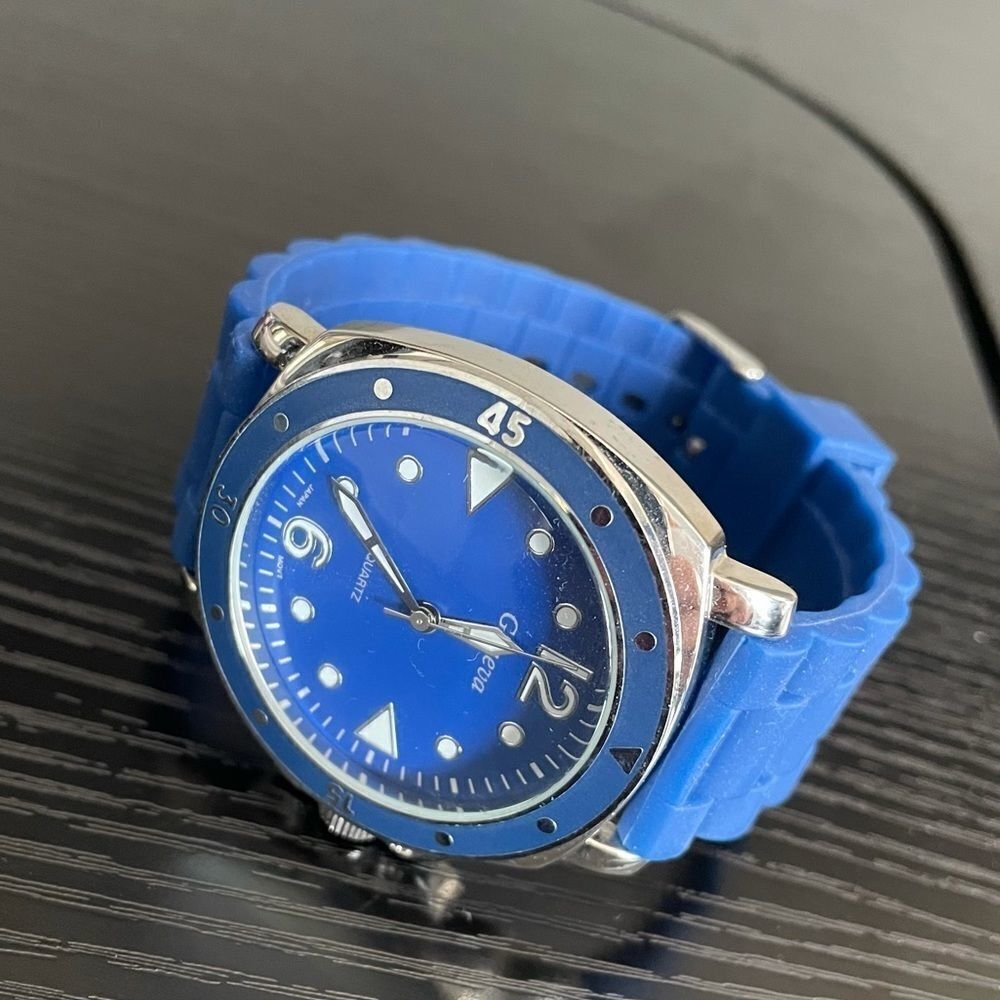 Geneva Rubber Band Silver & Blue Stainless Steel Back Watch
